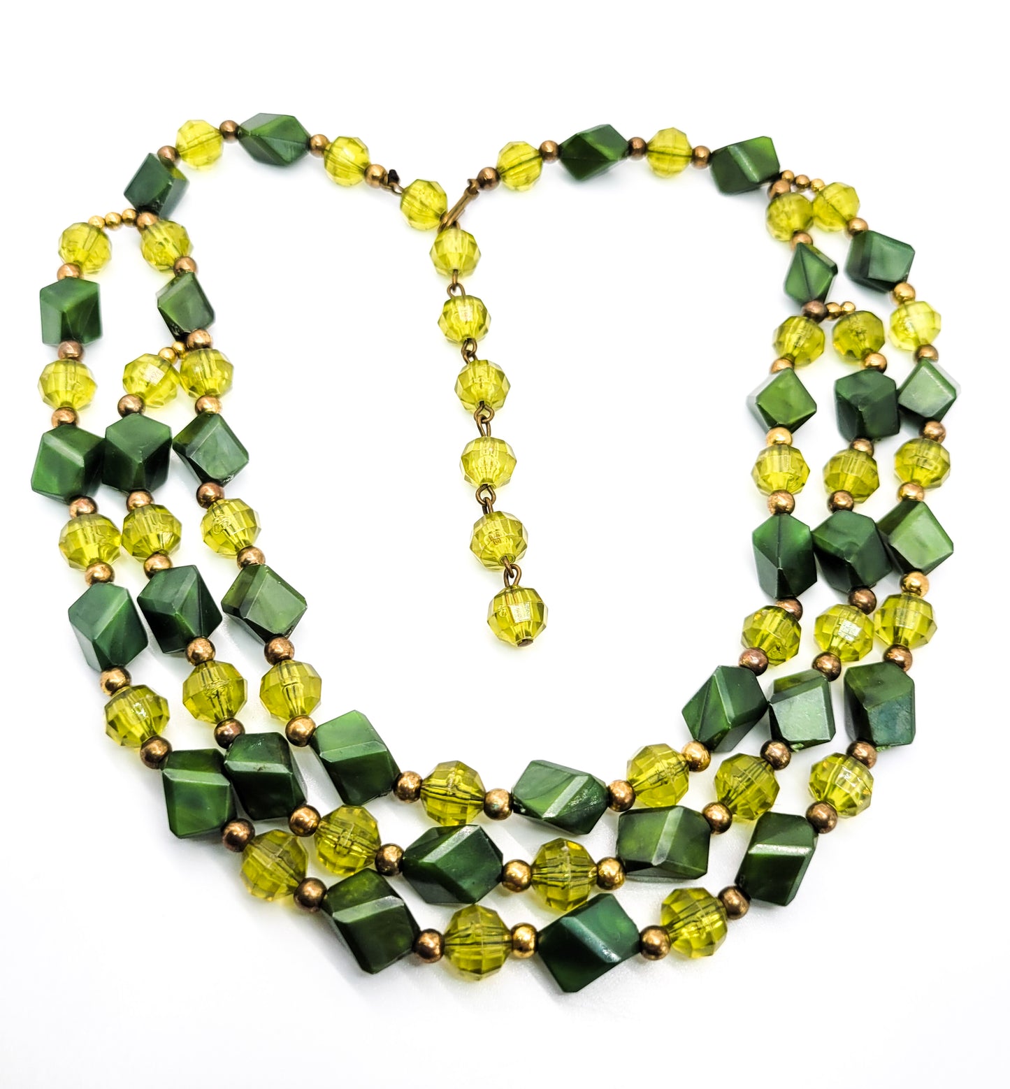 Vintage Christmas Holiday three tiered Green and gold plastic beaded bib necklace