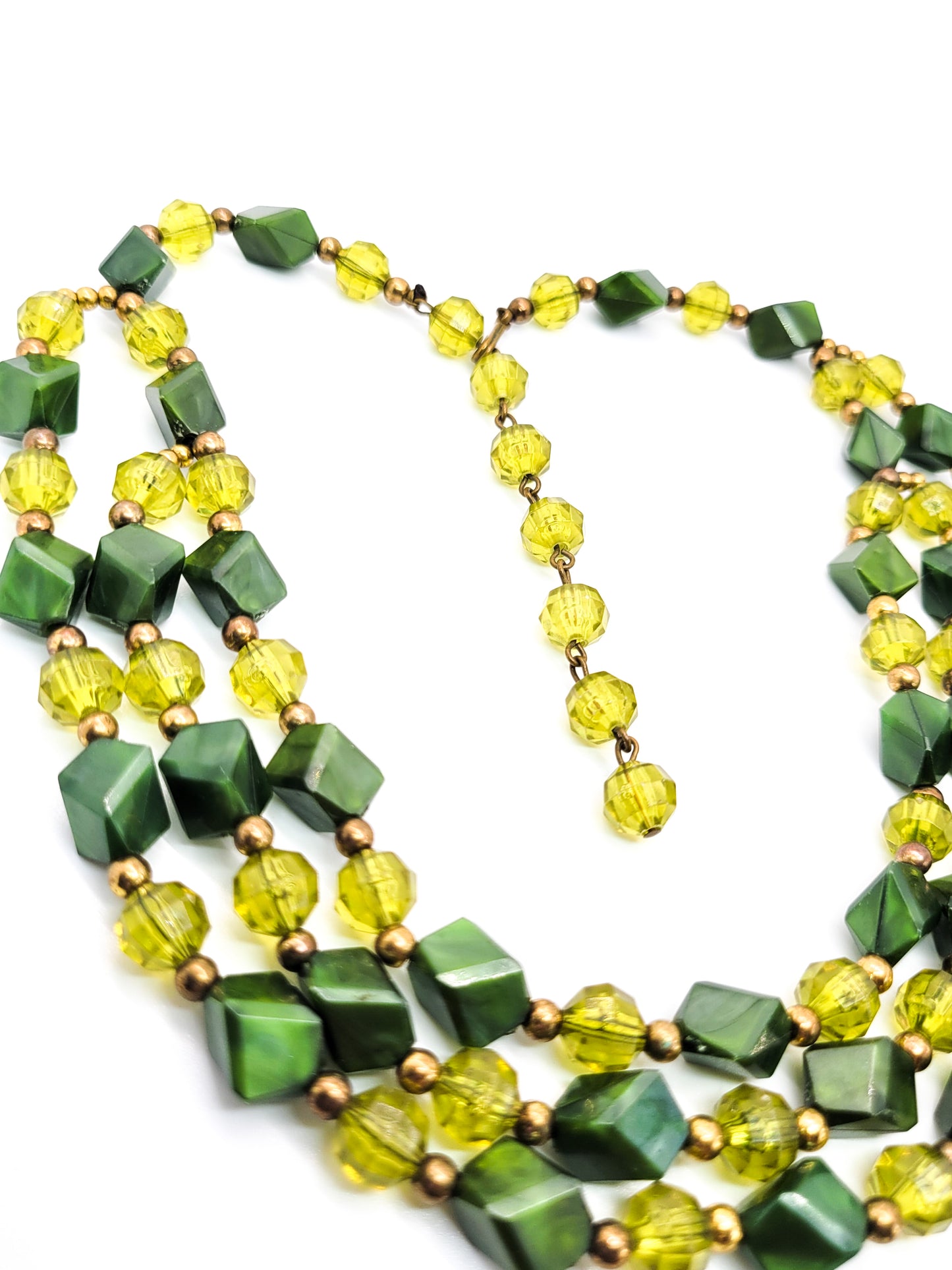 Vintage Christmas Holiday three tiered Green and gold plastic beaded bib necklace