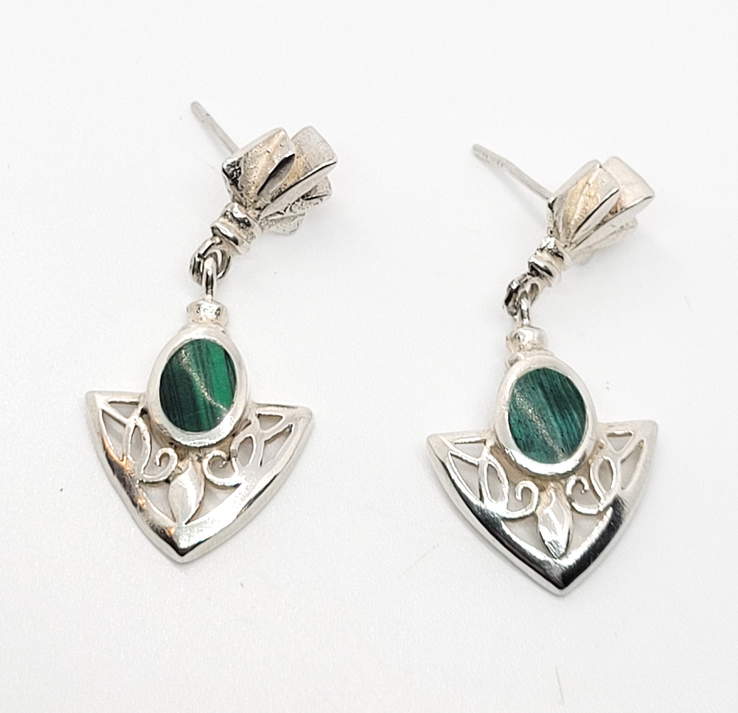 Malachite green gemstone vintage tribal stering silver drop vintage earrings 925