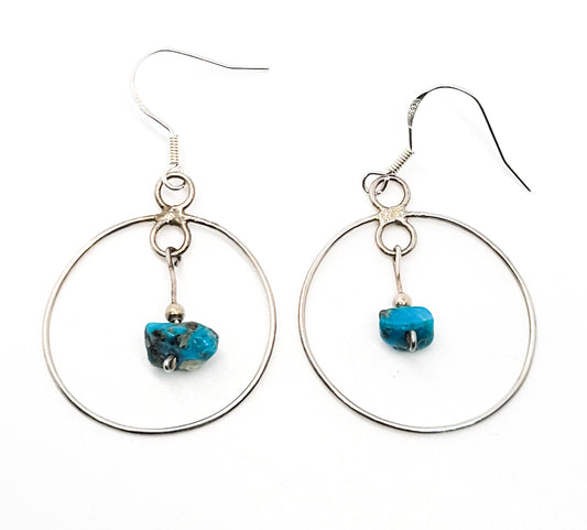 Rough turquoise gemstone sterling silver vintage hoop drop dangle earrings 925