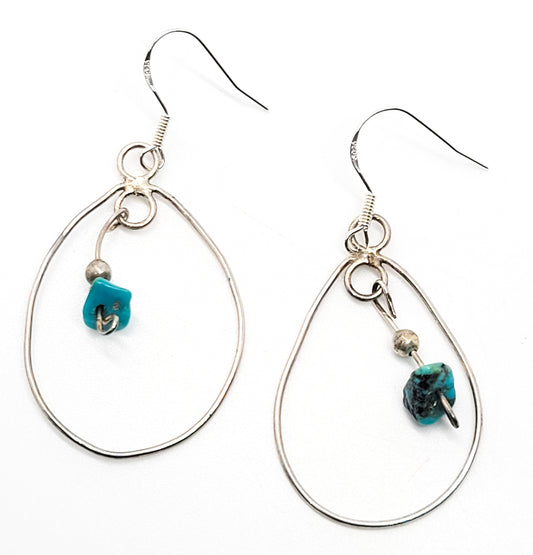 Rough turquoise gemstone sterling silver vintage oblong hoop drop earrings 925
