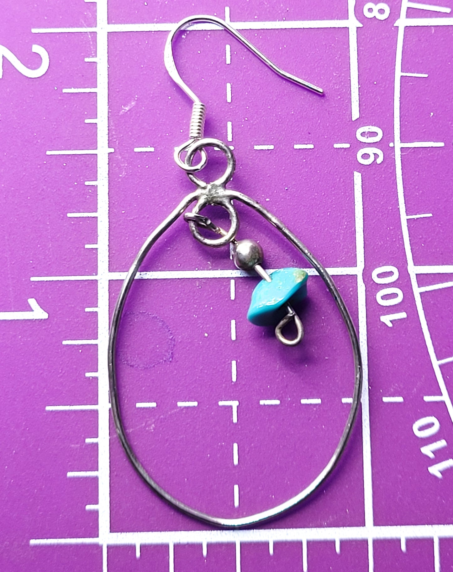 Rough turquoise gemstone sterling silver vintage oblong hoop drop earrings 925