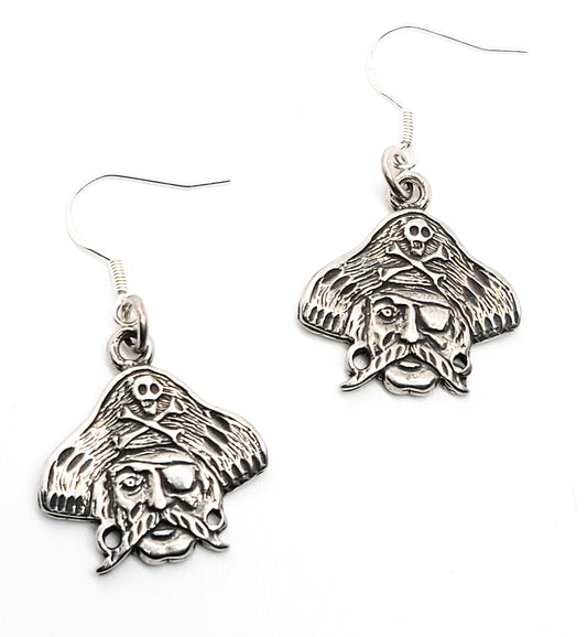 Captain of the ship Pirate with eye patch and hat sterling silver drop earrings 925