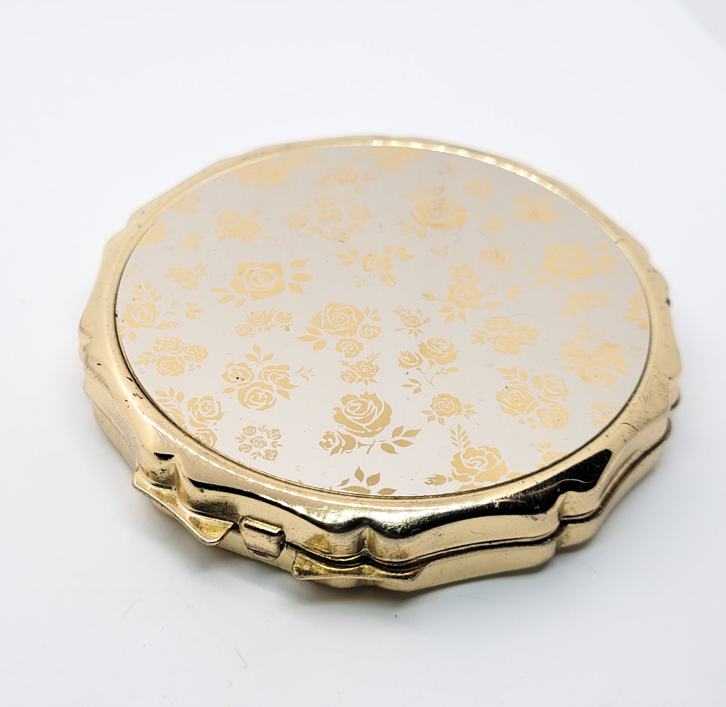 Dancing roses gold toned champagne Made in Japan vintage powder compact mirror