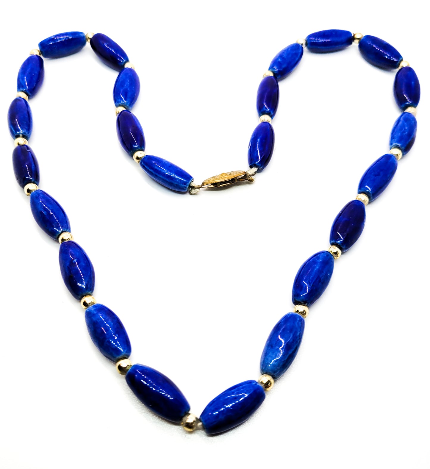 Long blue porcelain and gold beaded vintage necklace