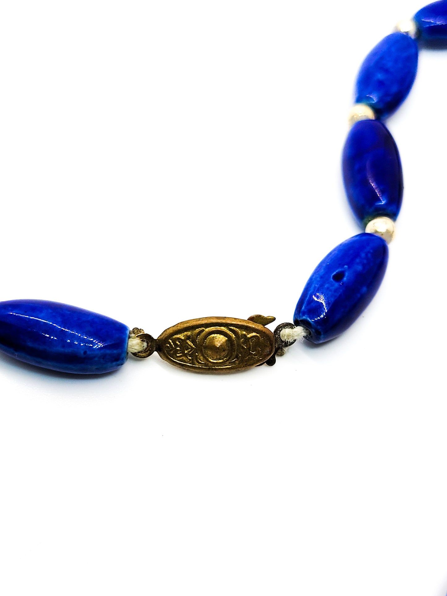 Long blue porcelain and gold beaded vintage necklace