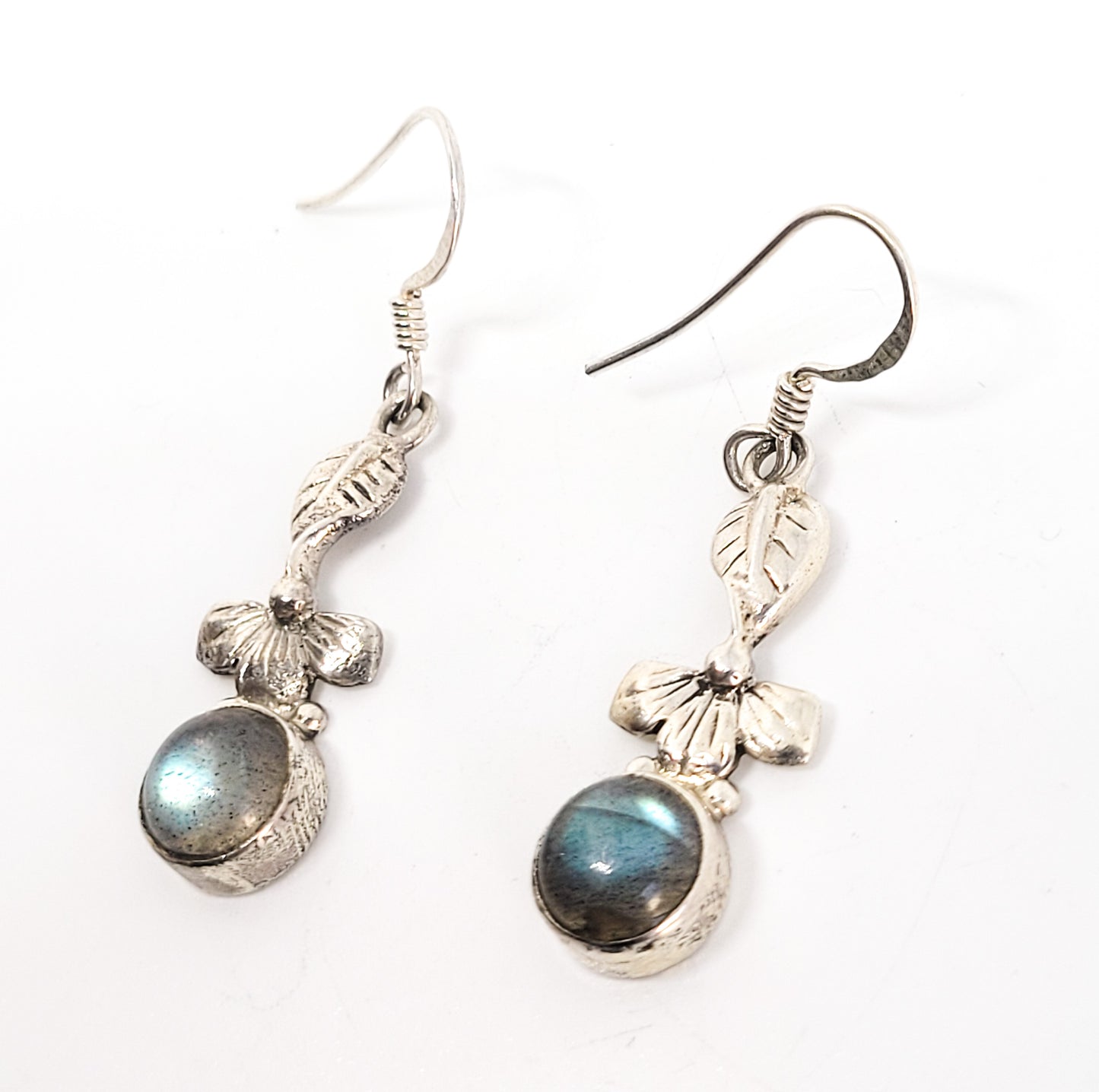 Labradorite gemstone drop flower and leaf sterling silver dangle earrings 925