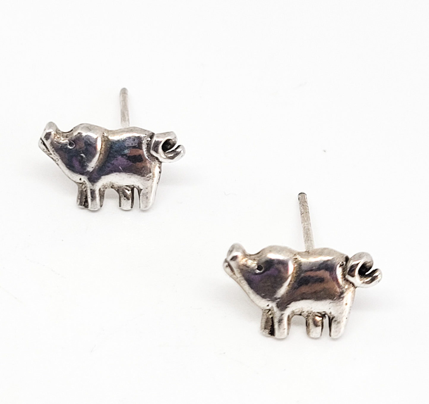Happy pig curly tail figural farm sterling silver vintage stud earrings 925