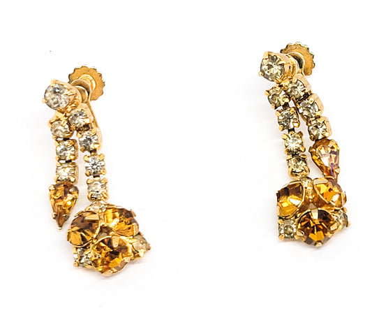 Topaz warm amber tear drop vintage dangle rhinestone screw back earrings estate