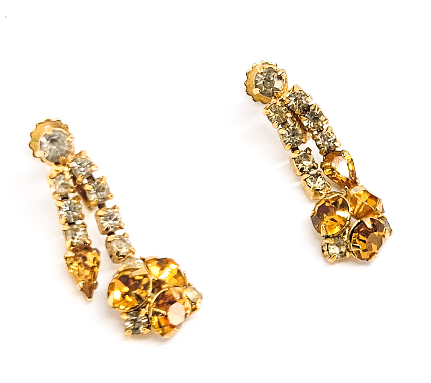 Topaz warm amber tear drop vintage dangle rhinestone screw back earrings estate