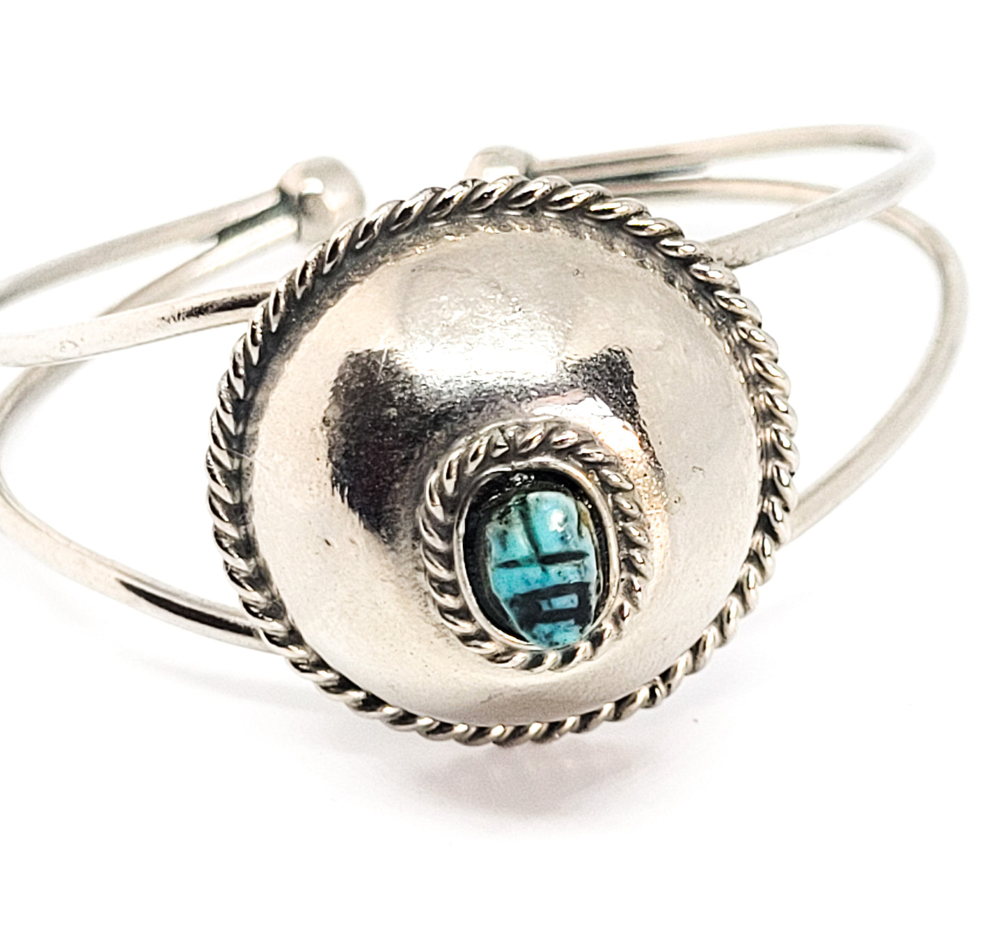 Egyptian Revival Scarab fince blue cab vintage silver toned cuff bracelet