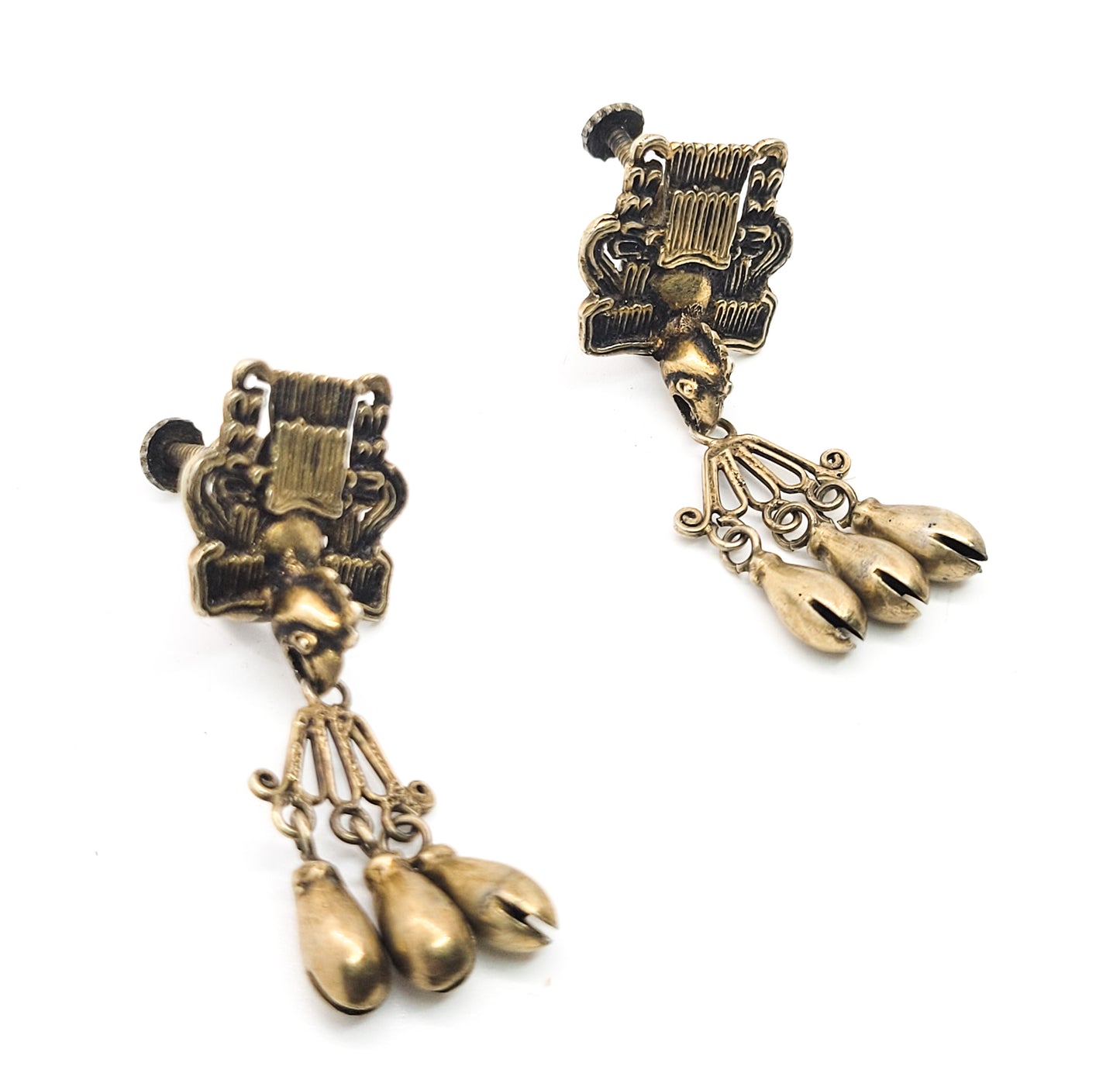 Mayan Bird gold Sterling silver drop bell antique screw back signed earrings 925