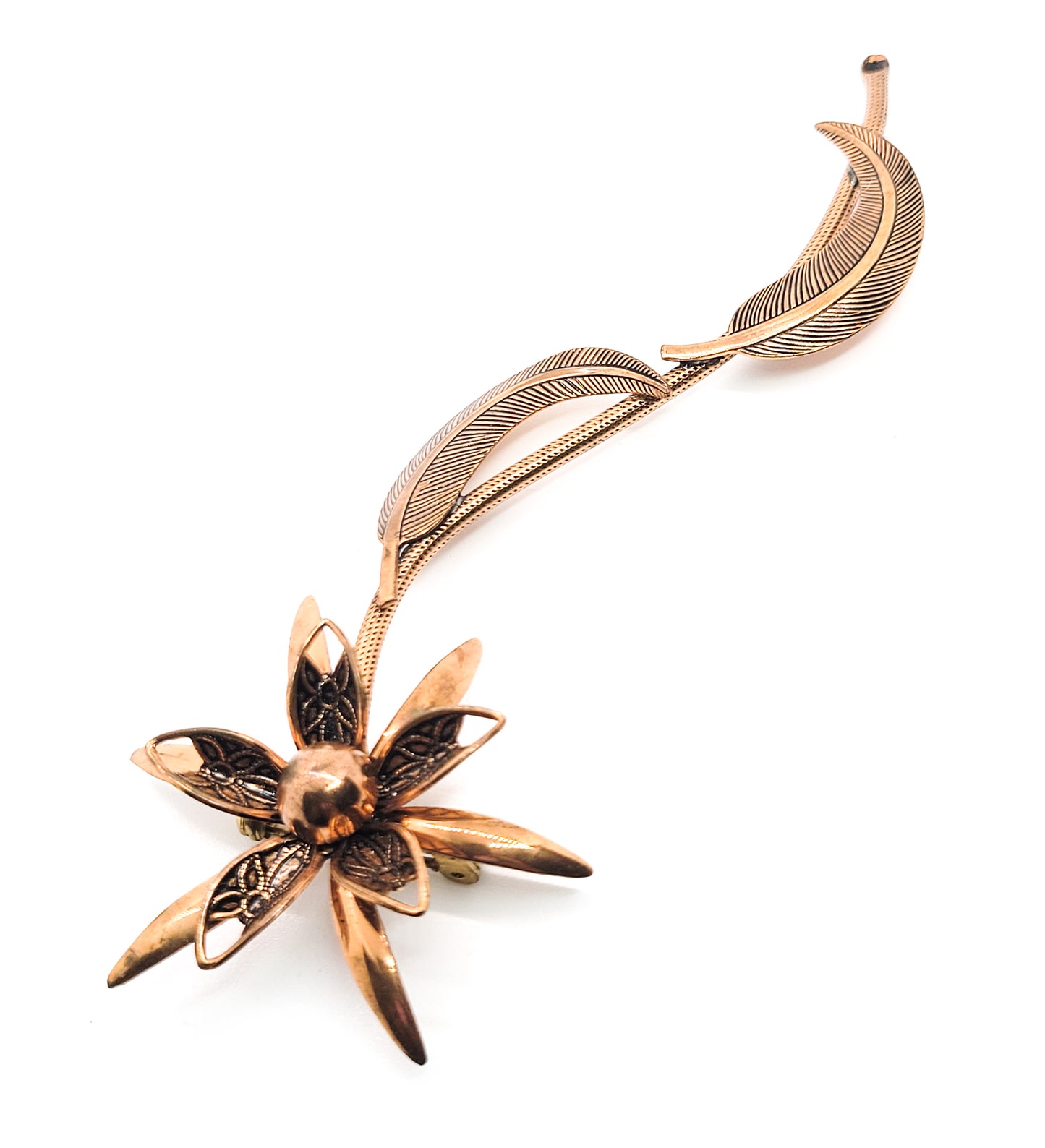 Large copper 3D flower brooch with stem and leaves vintage pin 4.5 inches