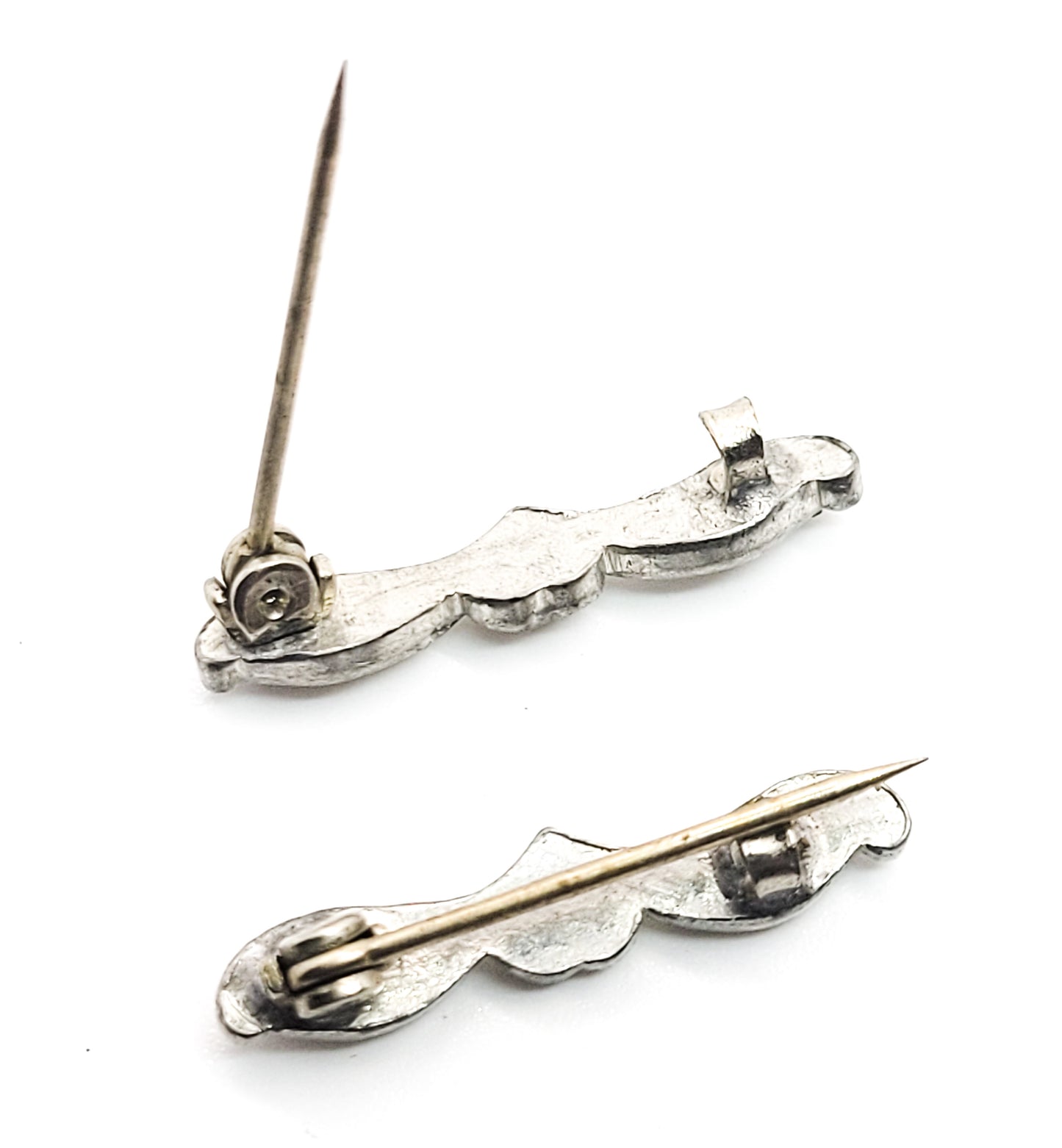 Antique pot metal heart clear rhinestone lingerie pins matching pair set