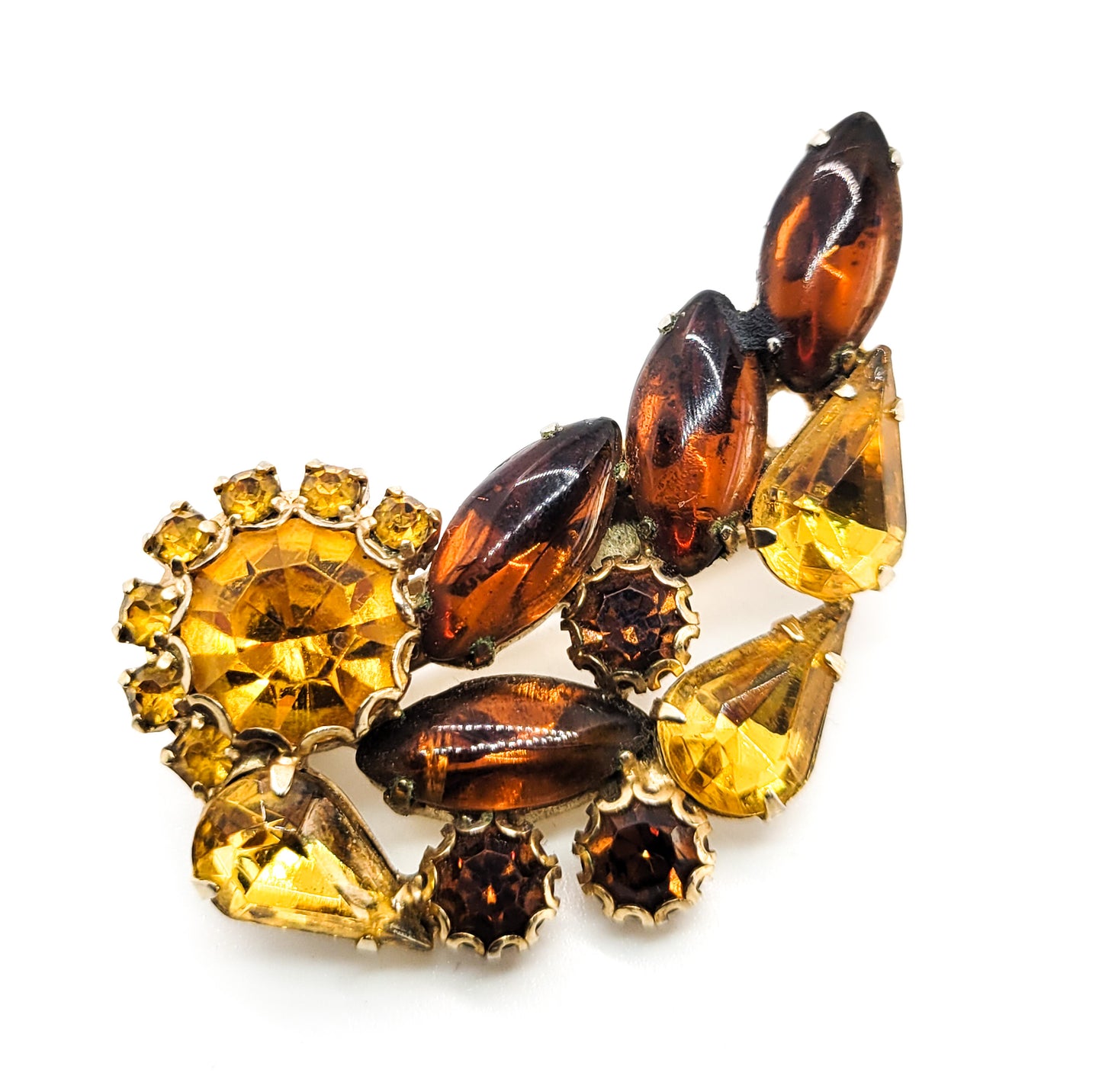 Autumn topaz and brown warm cup prong set vintage rhinestone brooch estate
