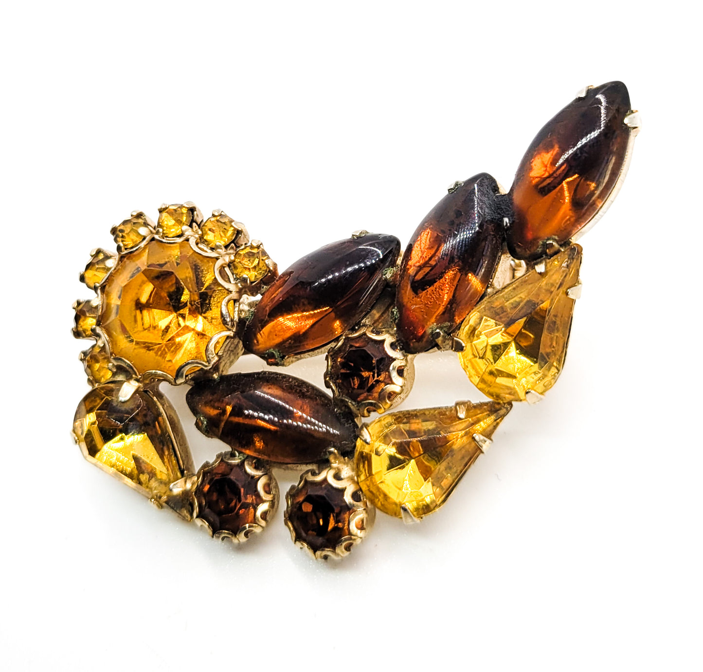 Autumn topaz and brown warm cup prong set vintage rhinestone brooch estate