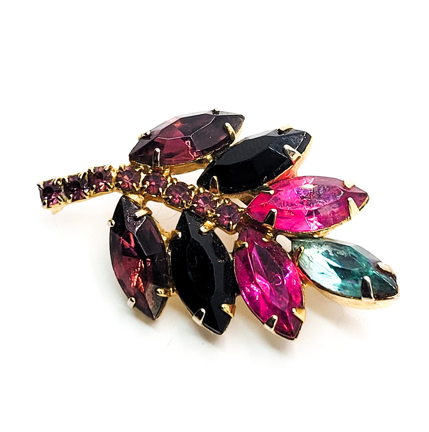 Purple pink and blue rainbow vintage prong set rhinestone leaf brooch