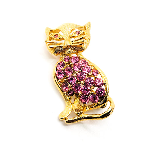 Pink rhinestone gold toned open work vintage figural kitty cat brooch