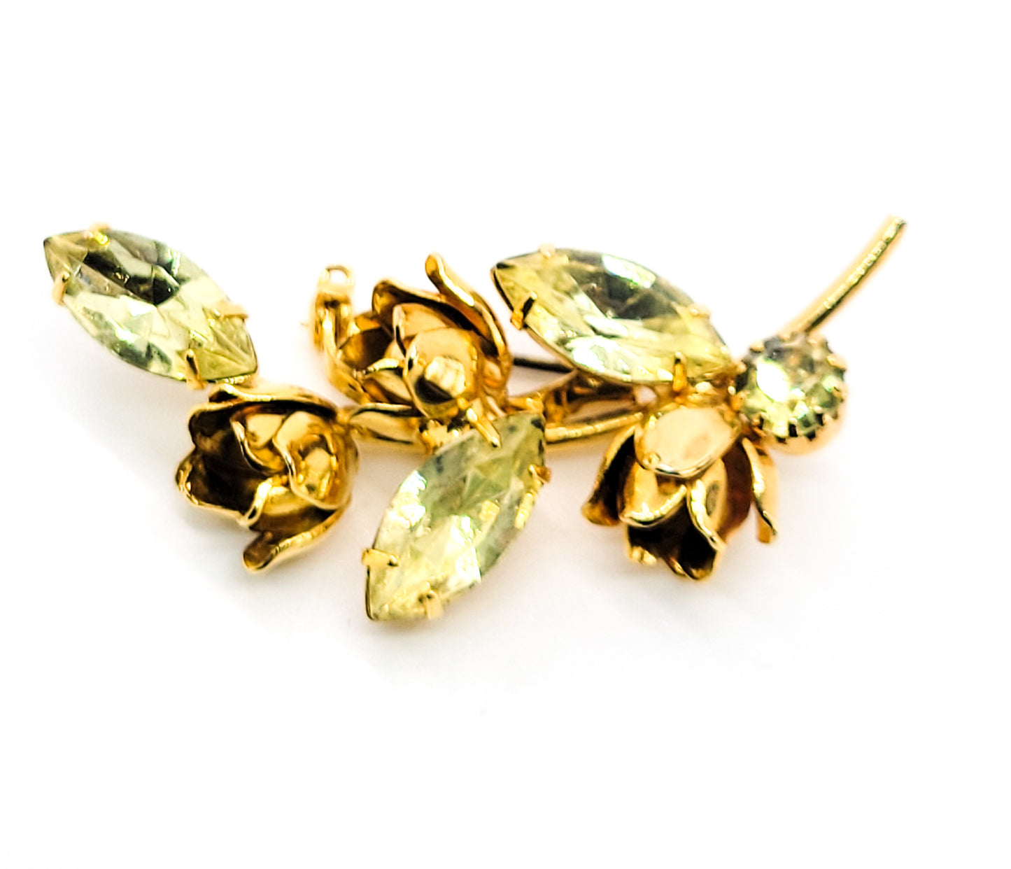 Yellow rhinestone navette and gold rose vintage rhinestone spray brooch