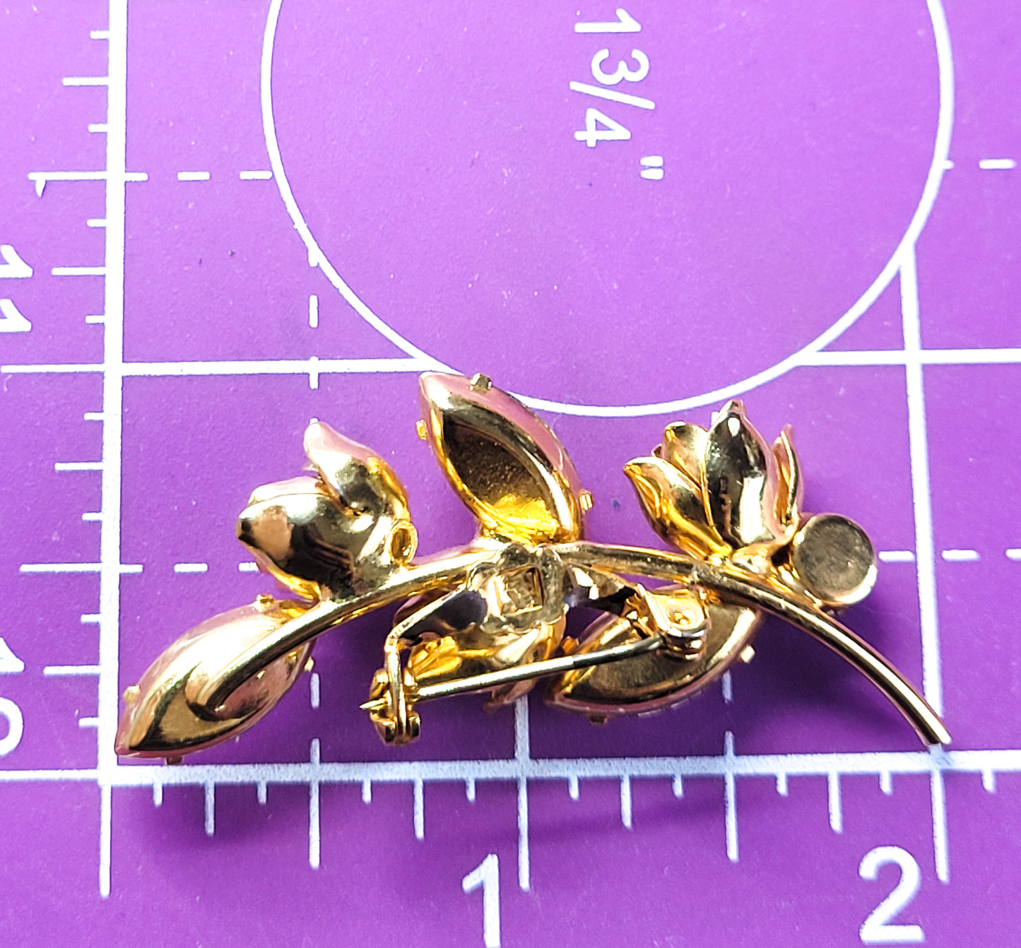 Yellow rhinestone navette and gold rose vintage rhinestone spray brooch