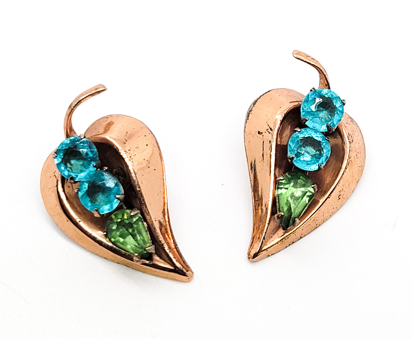 Aqua blue and green rhinestone vintage gold filled clip on leaf earrings
