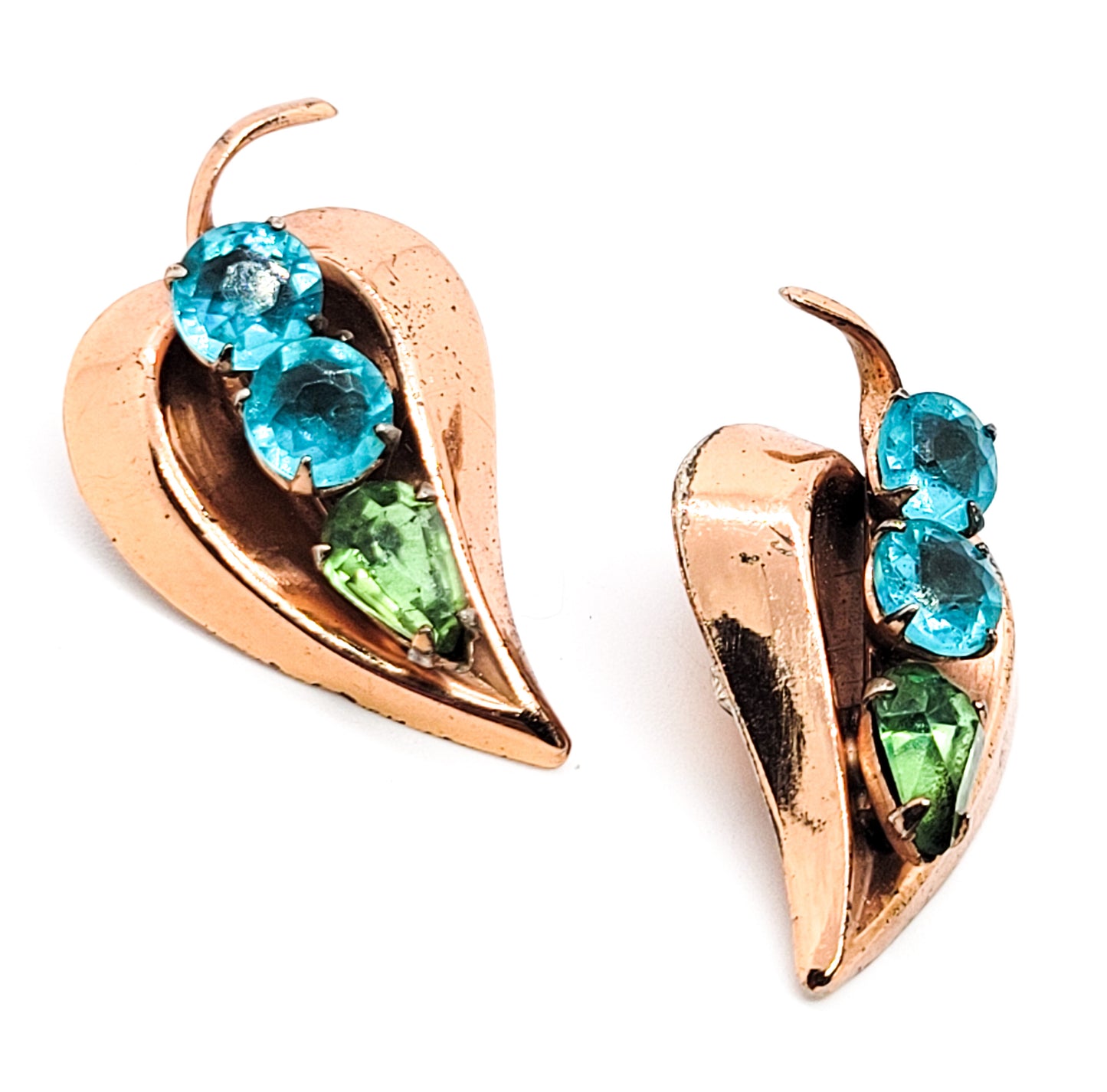 Aqua blue and green rhinestone vintage gold filled clip on leaf earrings