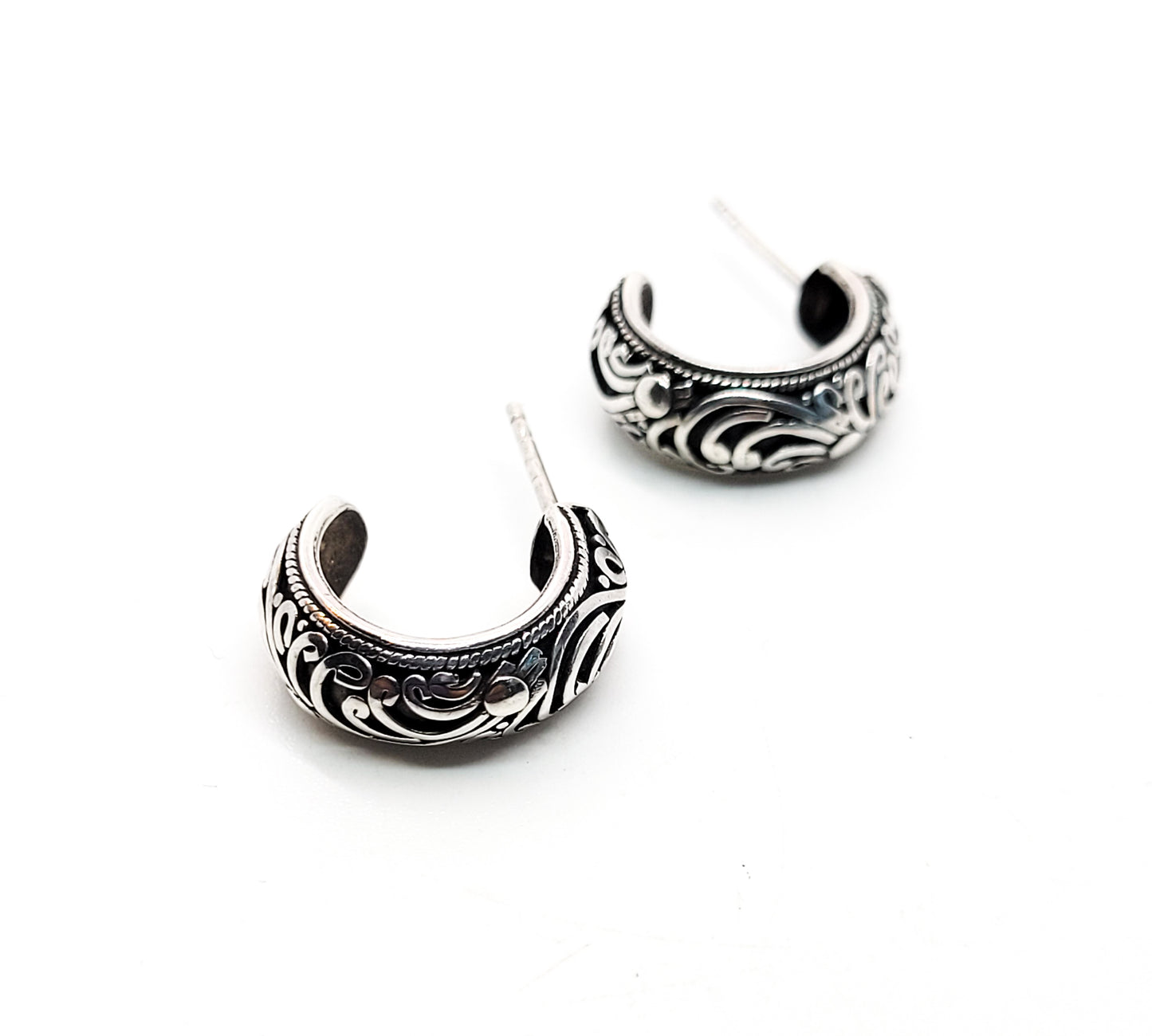 Balinese tribal style sterling silver scroll accent vintage hoop earrings 925