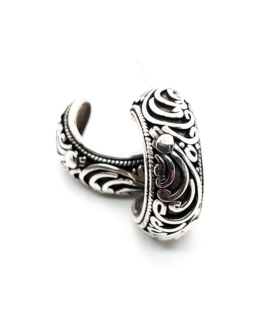 Balinese tribal style sterling silver scroll accent vintage hoop earrings 925