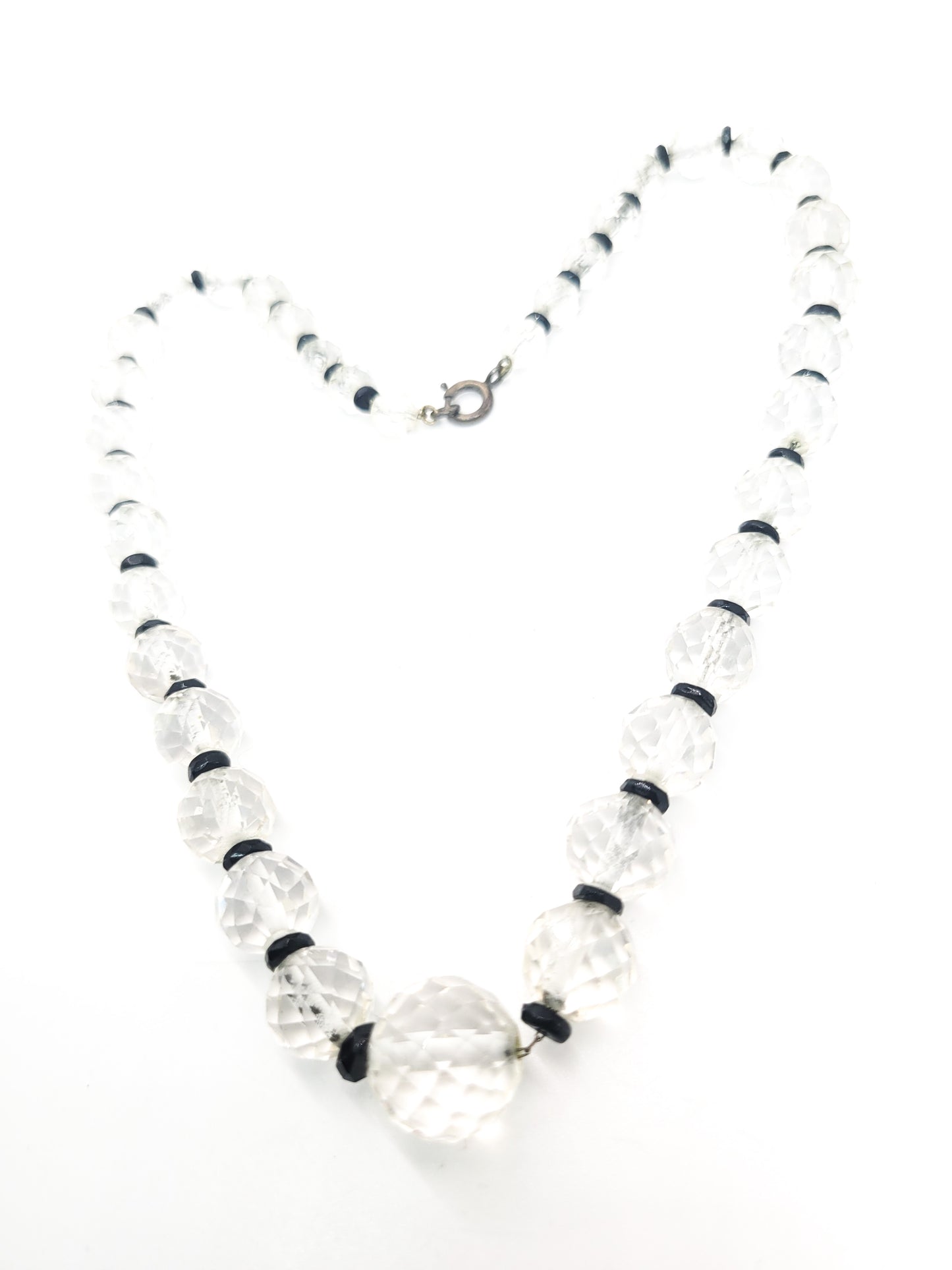 Art Deco faceted Lead glass crystal black and white sterling silver vintage necklace