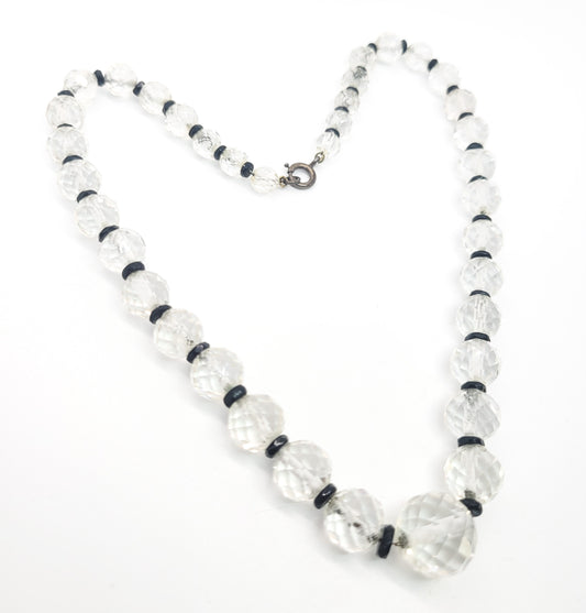 Art Deco faceted Lead glass crystal black and white sterling silver vintage necklace