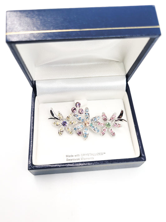 Swarovski Elements New in box silver toned blue and pink rhinestone flower brooch