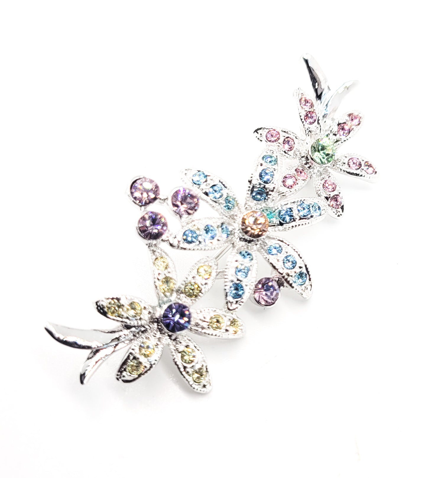Swarovski New in box silver toned blue and pink rhinestone flower brooch