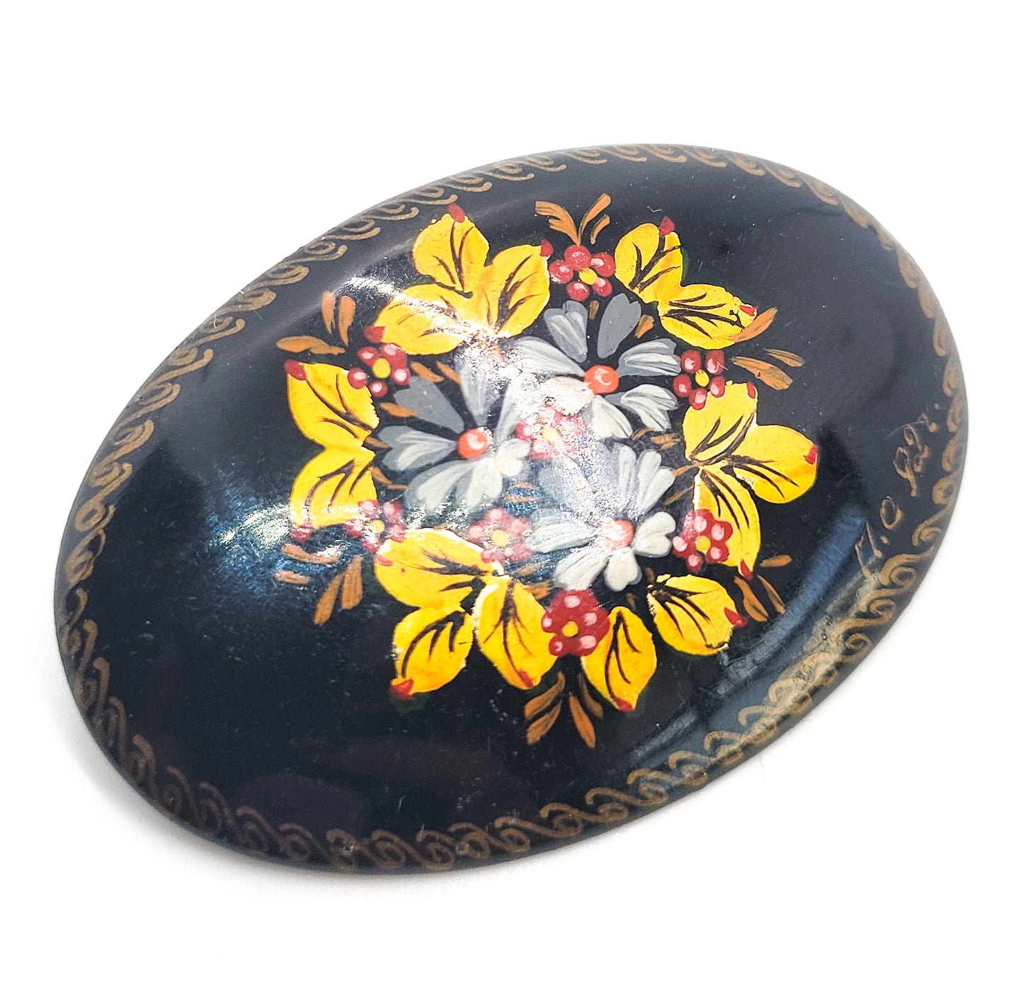 Russian hand painted flower with gold leaf signed vintage lacquer brooch