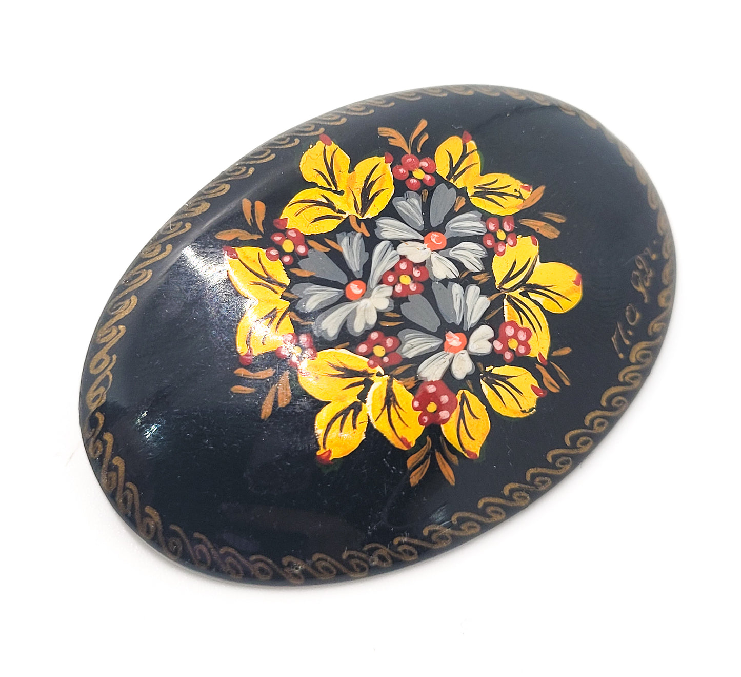 Russian hand painted flower with gold leaf signed vintage lacquer brooch