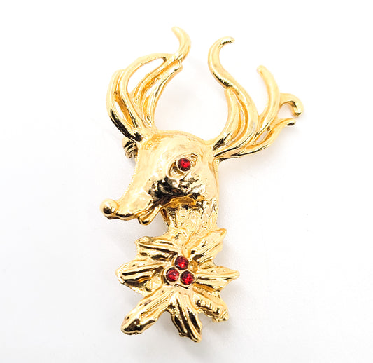 Reindeer vintage red rhinestone gold toned holiday Christmas brooch