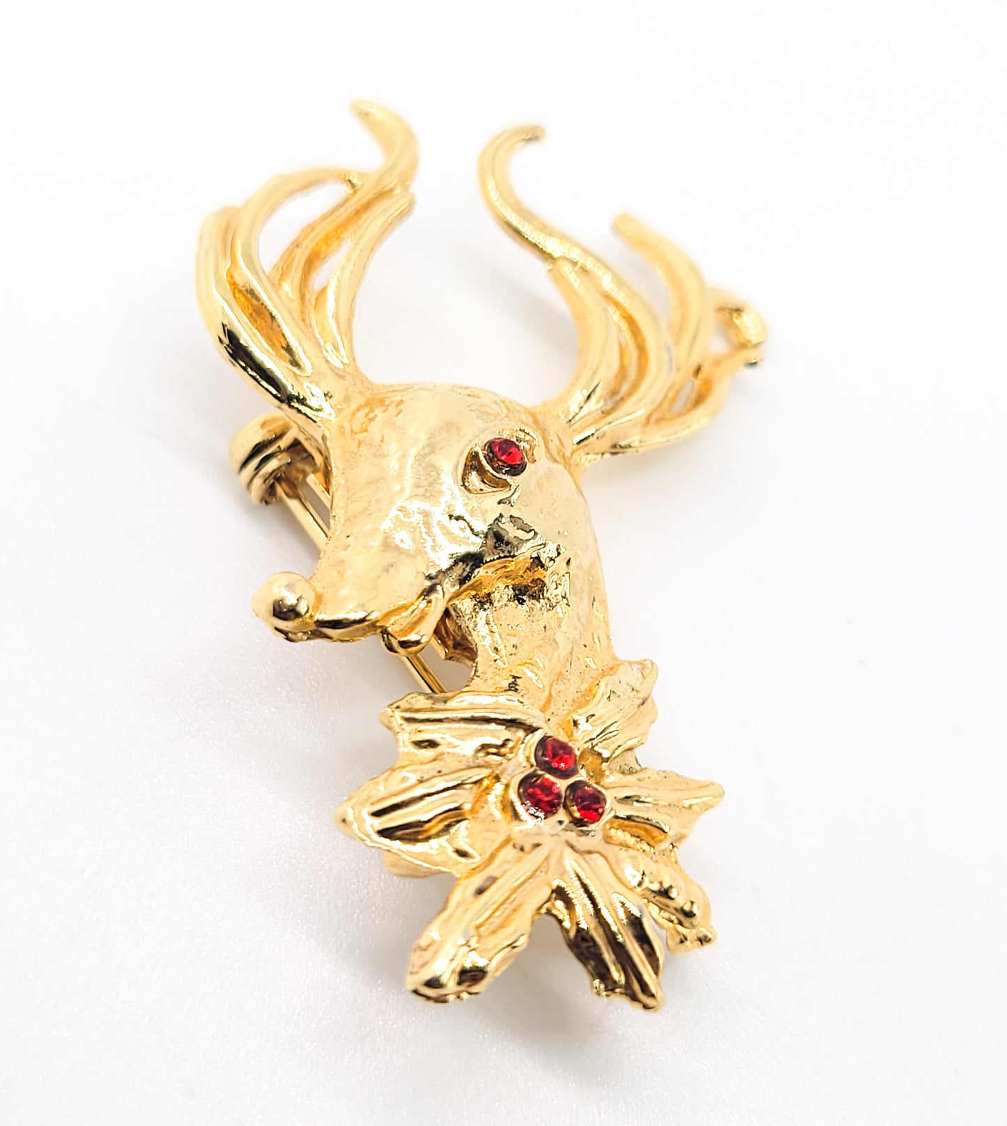 Reindeer vintage red rhinestone gold toned holiday Christmas brooch