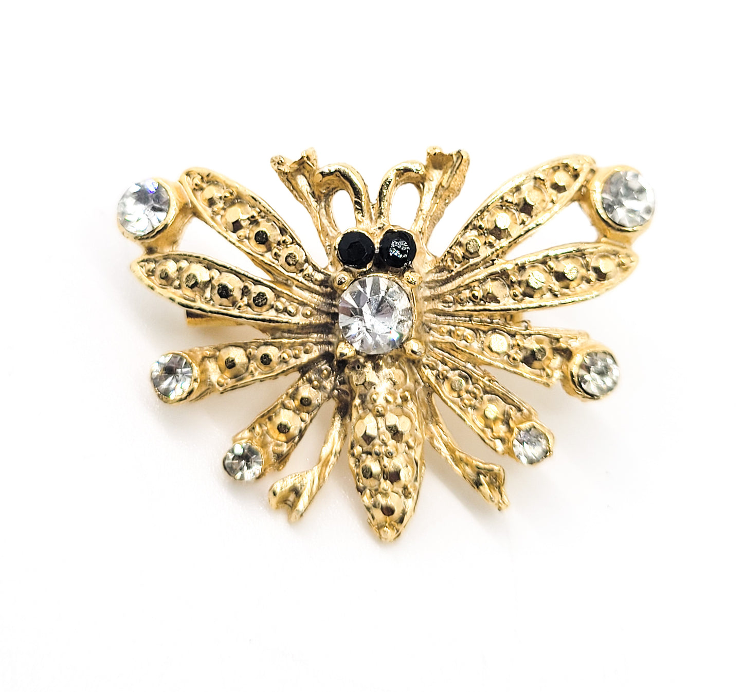 Bee gold toned vintage black and white rhinestone insect figural brooch