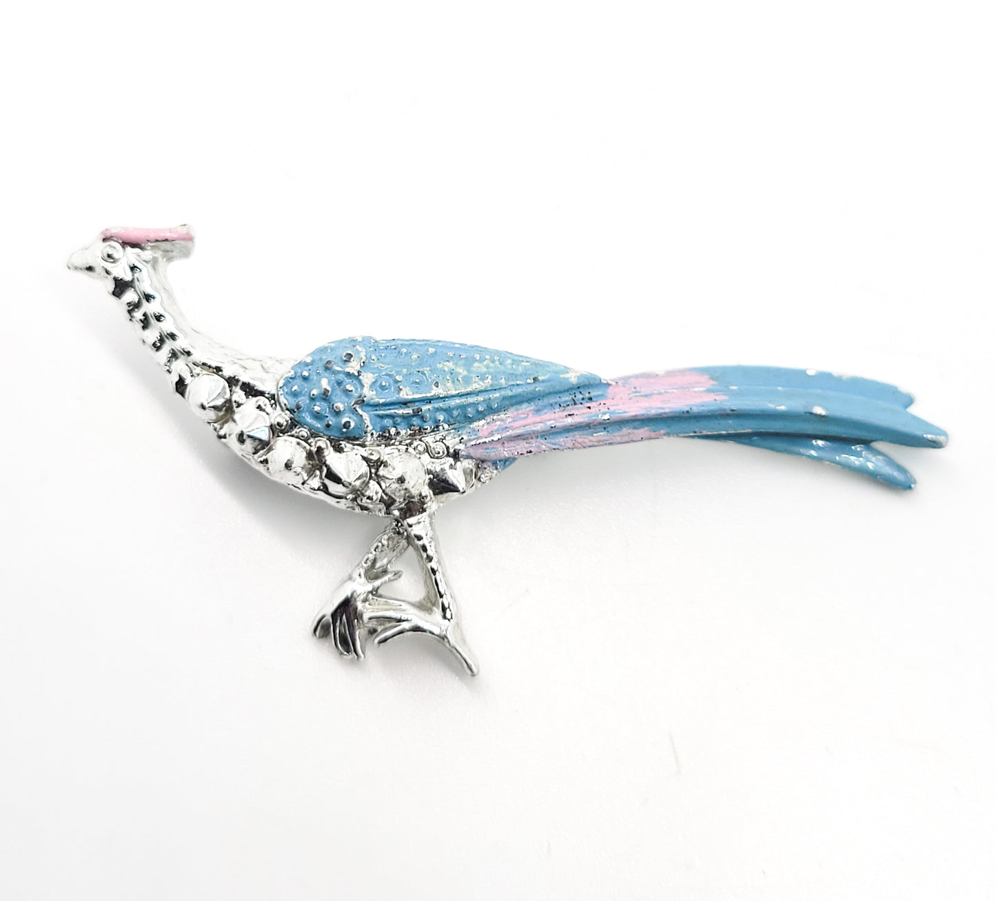 Pheasant vintage silver toned pink and blue enamel bird brooch