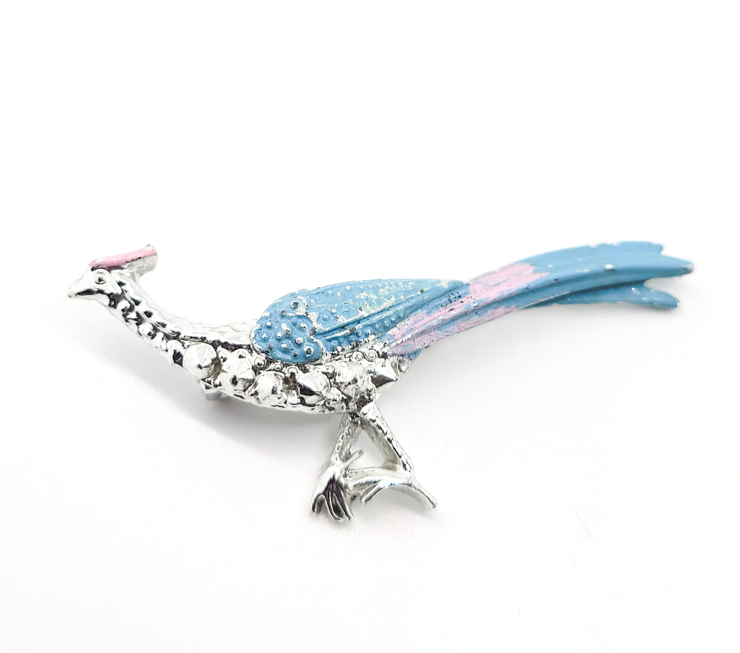 Pheasant vintage silver toned pink and blue enamel bird brooch
