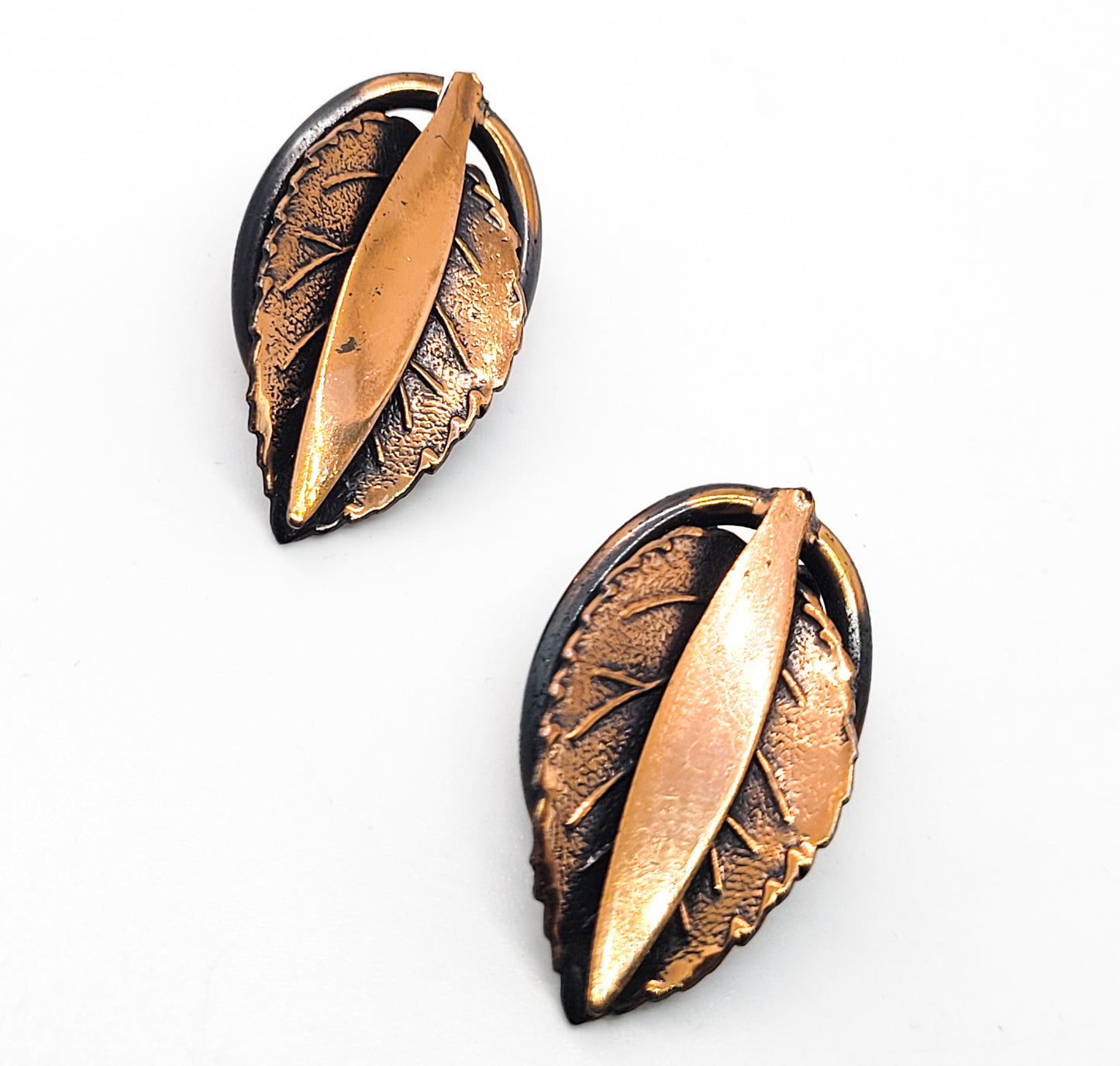Autumn fall leaf vintage molded copper clip on earrings