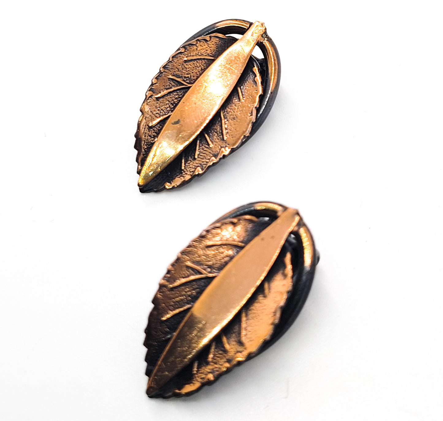 Autumn fall leaf vintage molded copper clip on earrings