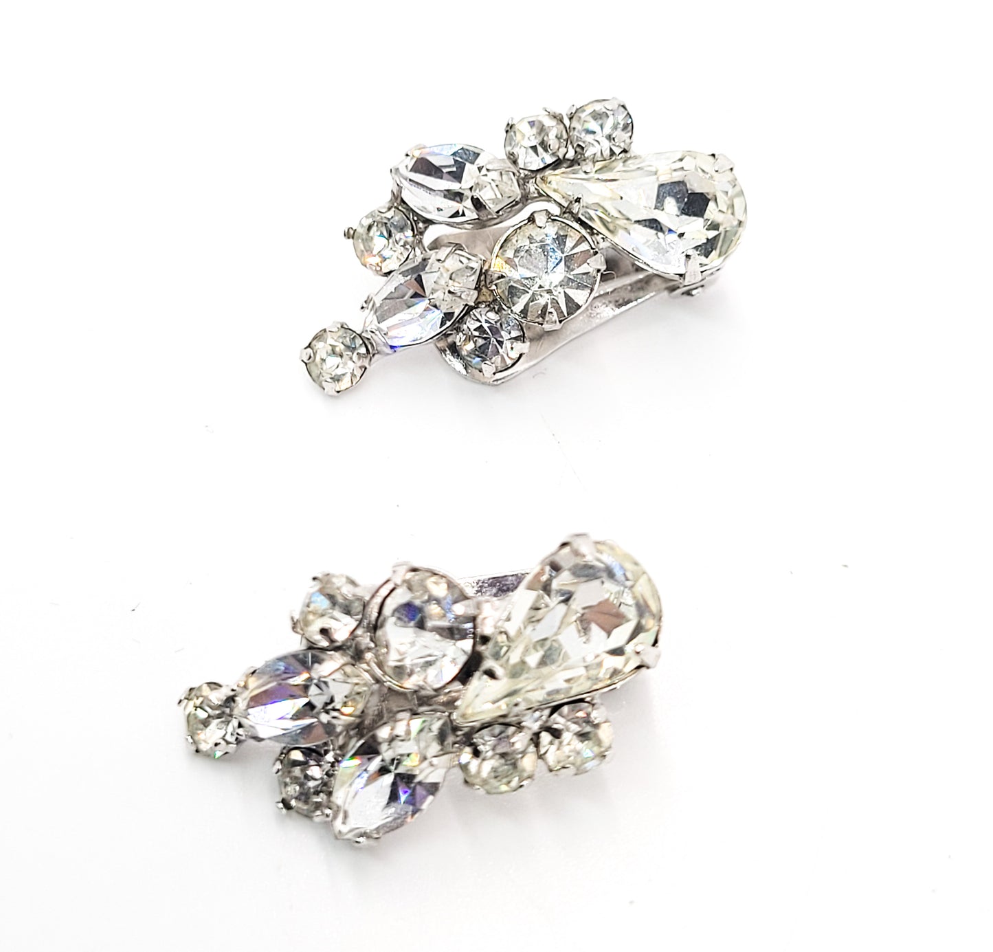 Mid century bright clear and silver crystal vintage rhinestone clip on earrings