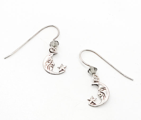 Man in the Moon celstial crescent moon and star sterling silver vintage earrings 925