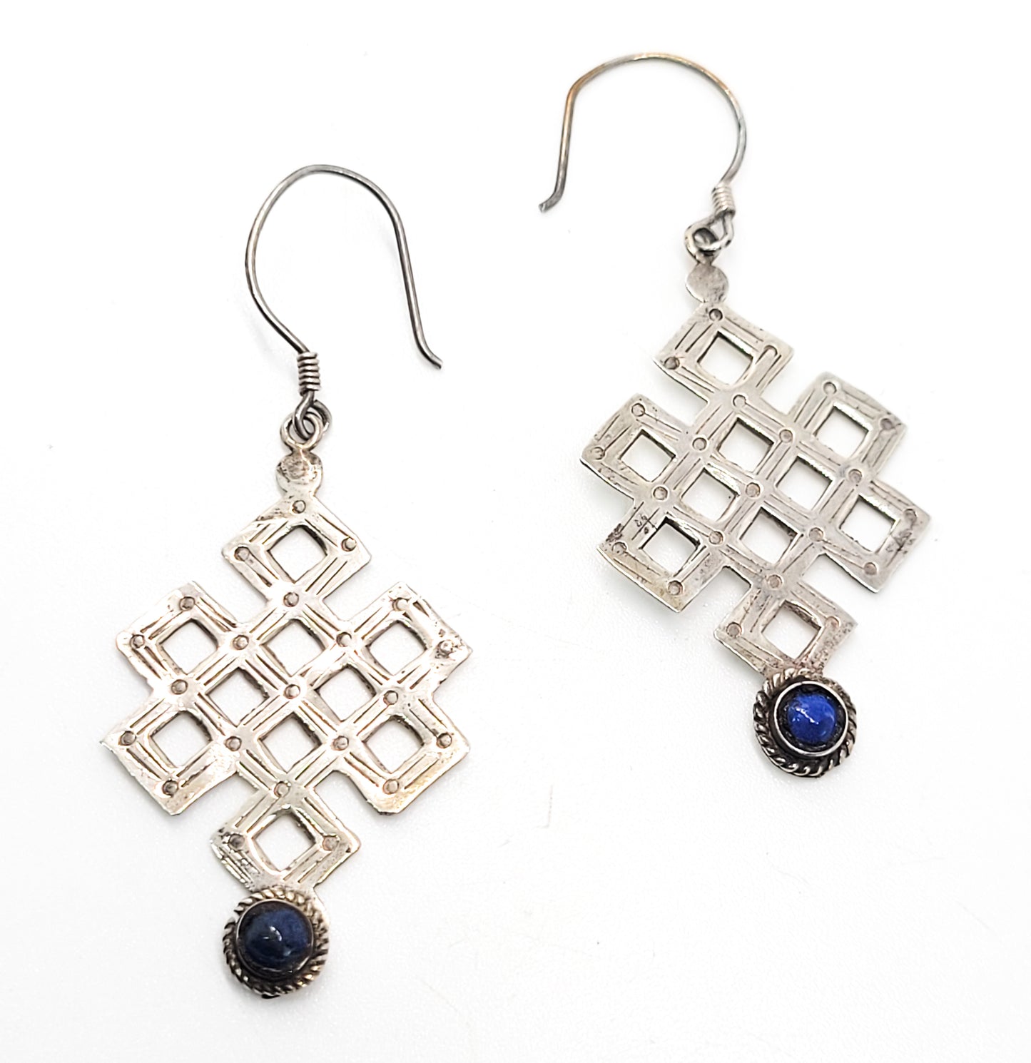 Lapis Lazuli blue gemstone tribal balinese vintage sterling silver drop earrings 925