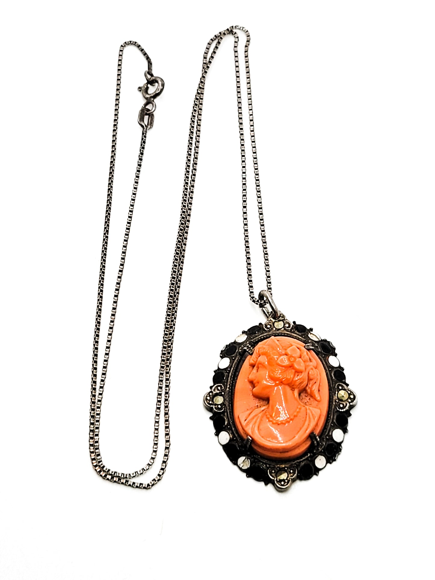 Coral Czech glass molded Cameo sterling silver marcasite enamel pendant necklace