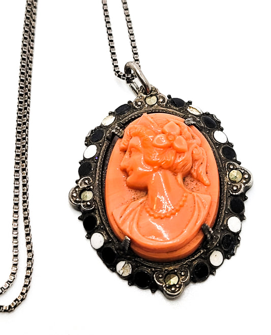 Coral Czech glass molded Cameo sterling silver marcasite enamel pendant necklace