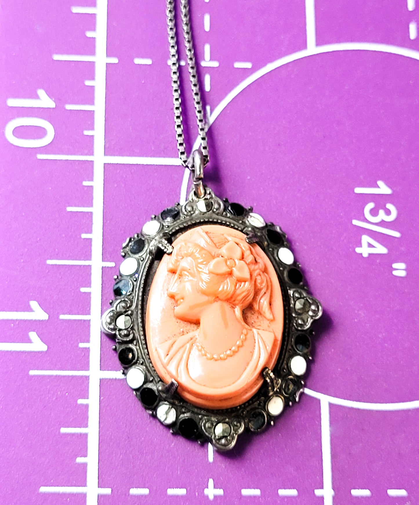 Coral Czech glass molded Cameo sterling silver marcasite enamel pendant necklace