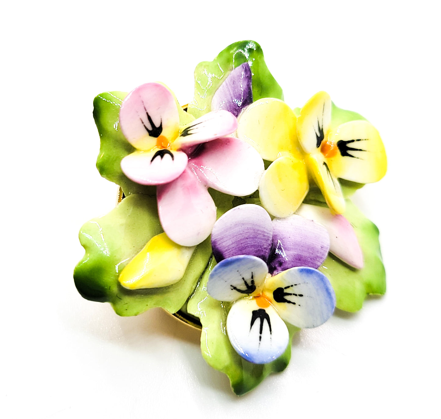 Pansy Bouquet vintage Bone China trio of pansy's pink yellow and purple brooch