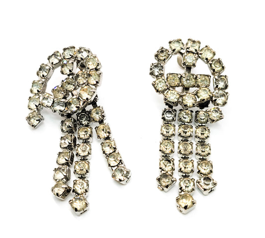 Vintage retro waterfall long drop clear rhinestone vintage clip on earrrings