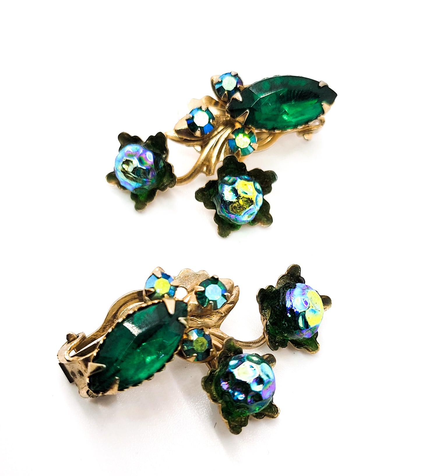 Green Aurora Borealis molded glass and rhinestone vintage clip on earrings